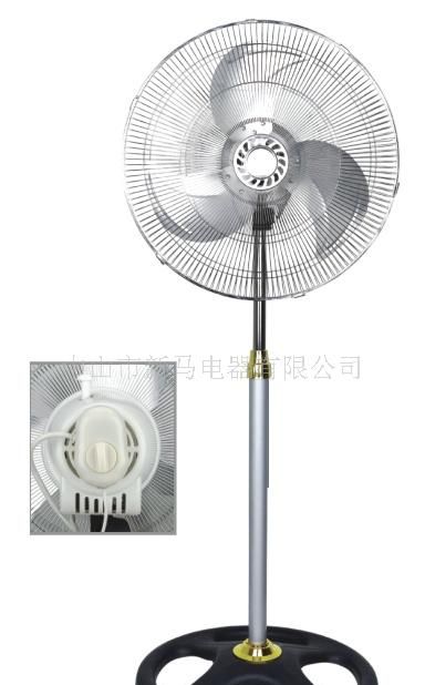 18”工业落地扇,电镀网,银色立管,金色旋钮,铁叶或铝叶.