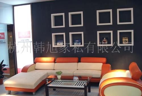 皮布结合沙发，橙色真皮面料